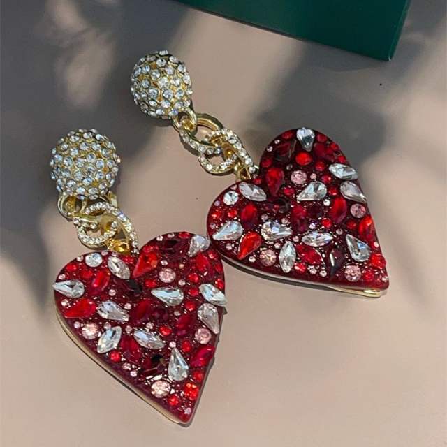 Vintage red rhinestone statement heart dangle earrings