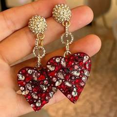 Vintage red rhinestone statement heart dangle earrings