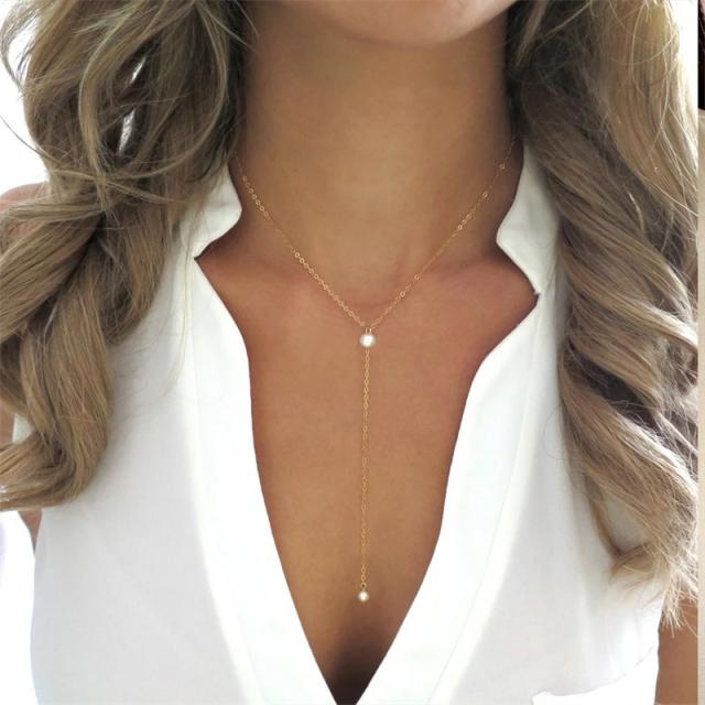 Dainty imitation pearl stainless steel necklace lariats