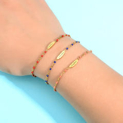 Boho colorful enamel bead tiny leaf stainless steel bracelet