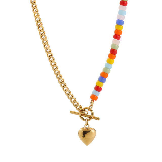 Boho colorful seed bead heart pendant toggle stainless steel necklace