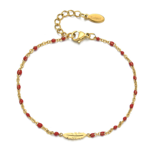 Boho colorful enamel bead tiny leaf stainless steel bracelet