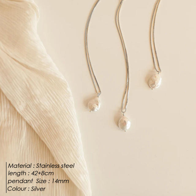 Dainty baroque pearl pendant stainless steel necklace