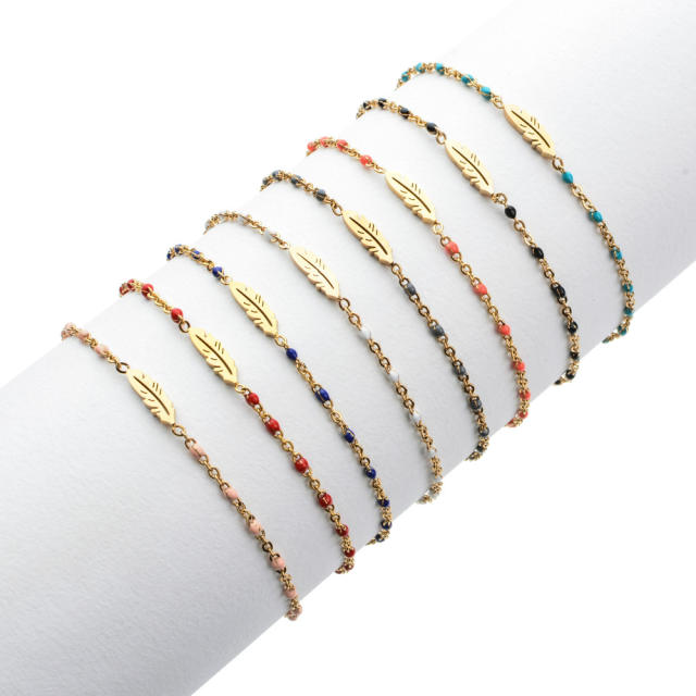 Boho colorful enamel bead tiny leaf stainless steel bracelet