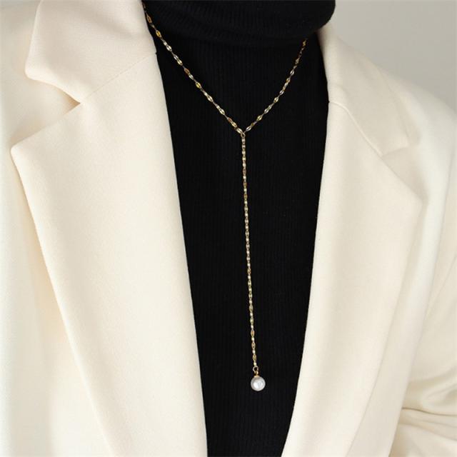 Simple concise pearl pendant stainless steel necklace lariats
