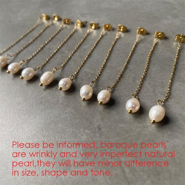 Chic simple baroque pearl stainless steel drop earrings