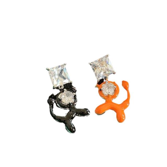 Cute enamel puppy cubic zircon copper asymmetrical earrings