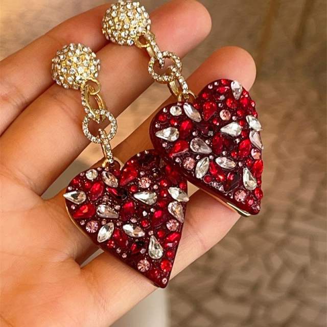 Vintage red rhinestone statement heart dangle earrings
