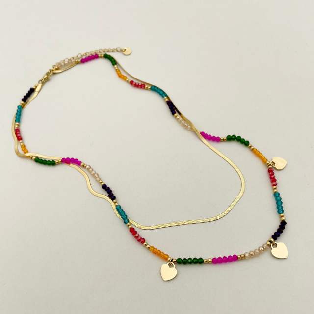 14K boho colorful bead two layer stainless steel chain necklace