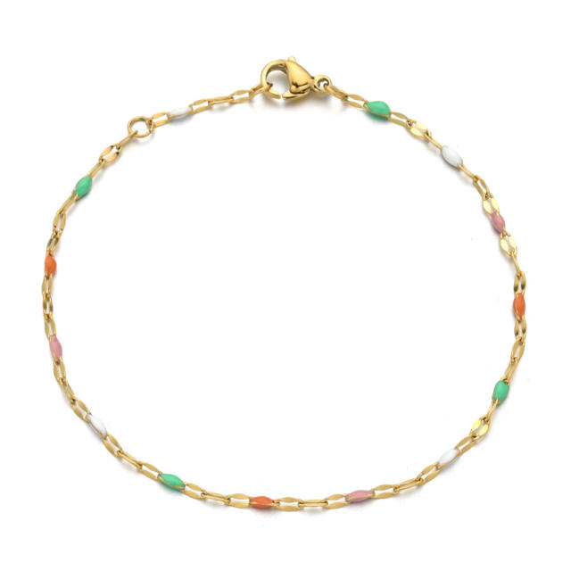 Boho colorful enamel bead tiny leaf stainless steel bracelet
