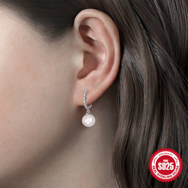 925 sterling silver delicate pearl drop huggie earrings