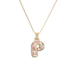 Hiphop rainbow cz initial letter pendant copper necklace