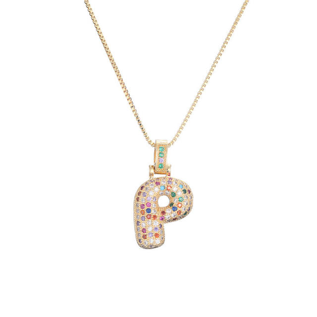 Hiphop rainbow cz initial letter pendant copper necklace