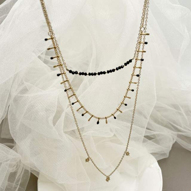 Vintage boho three layer dainty black bead stainless steel necklace