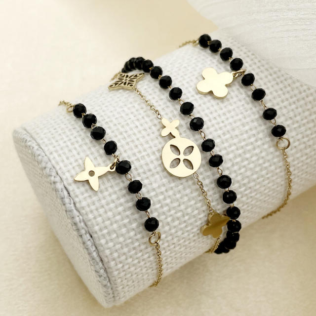 14K vintage black crystal bead stainless steel clover charm bracelet