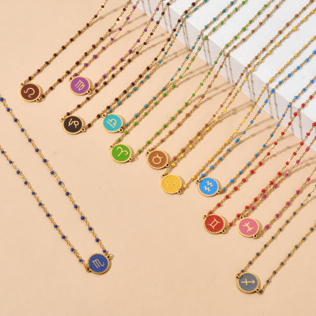 Color enamel zodiac series stainless steel necklace