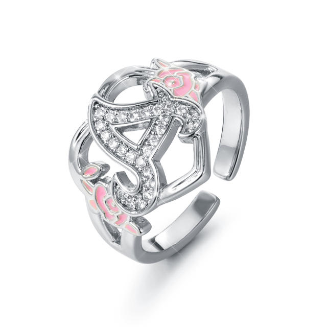 Delicate enamel pink rose flower diamond initial letter custom rings