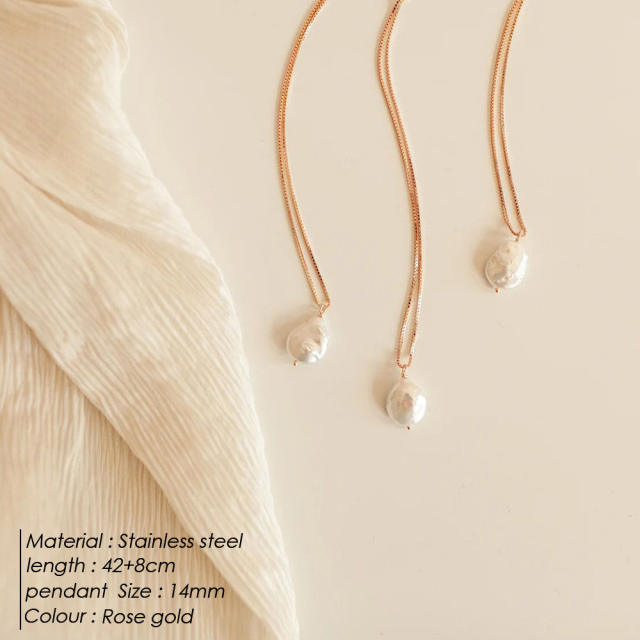 Dainty baroque pearl pendant stainless steel necklace