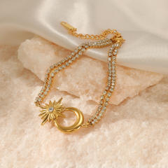 14K gold plated moon star tennis chain stainless steel bracelet