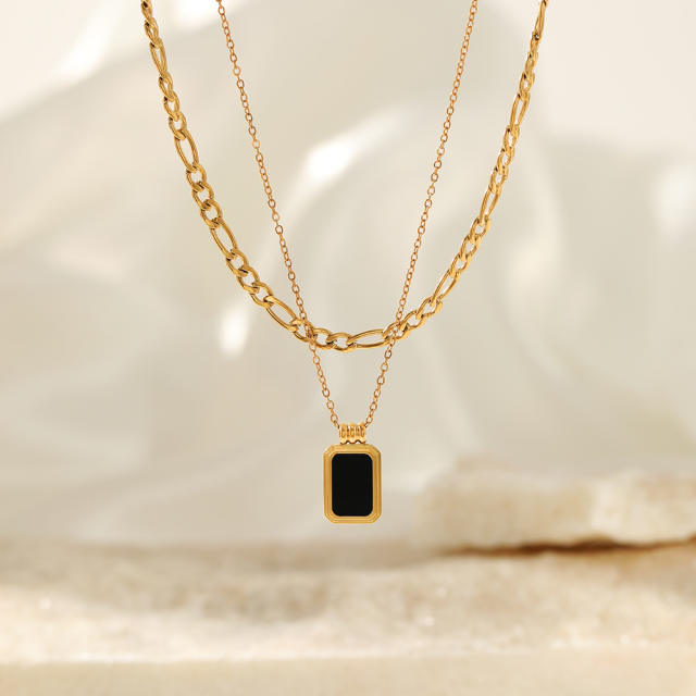 Concise black block pendant two layer stainless steel necklace