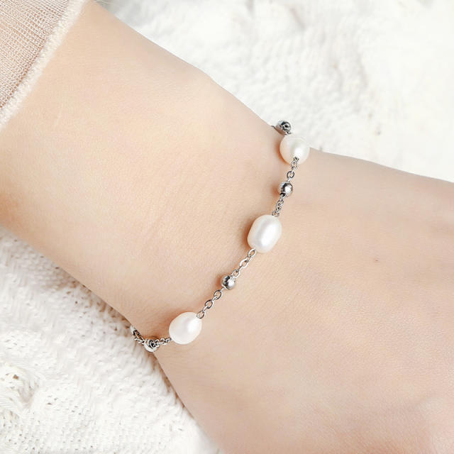 Classic water pearl stainless steel chain bracelet