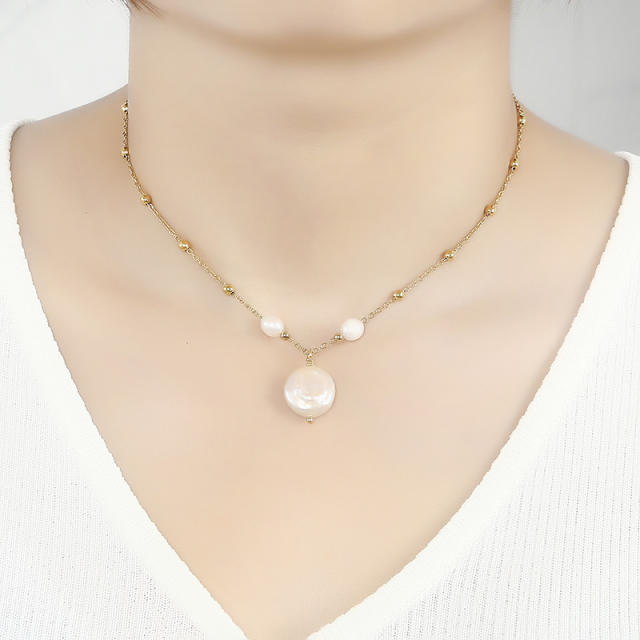 18K chic baroque pearl pendant stainless steel necklace