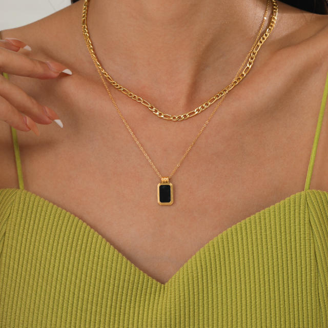 Concise black block pendant two layer stainless steel necklace