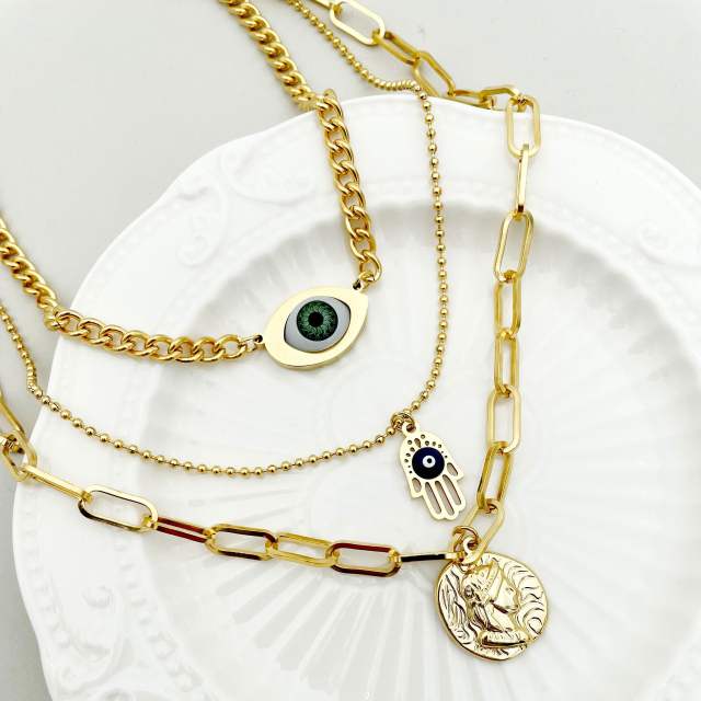 Vintage hasma hand evil eye stainless steel chain necklace layer necklace