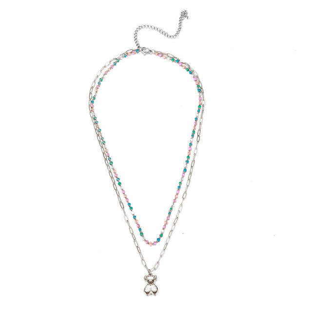 Sweet colorful bead layer cute bear pendant stainless steel necklace