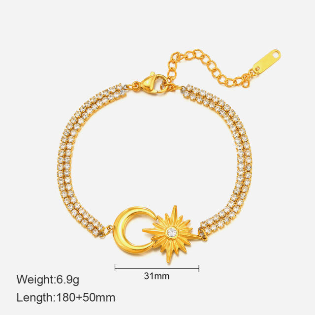 14K gold plated moon star tennis chain stainless steel bracelet
