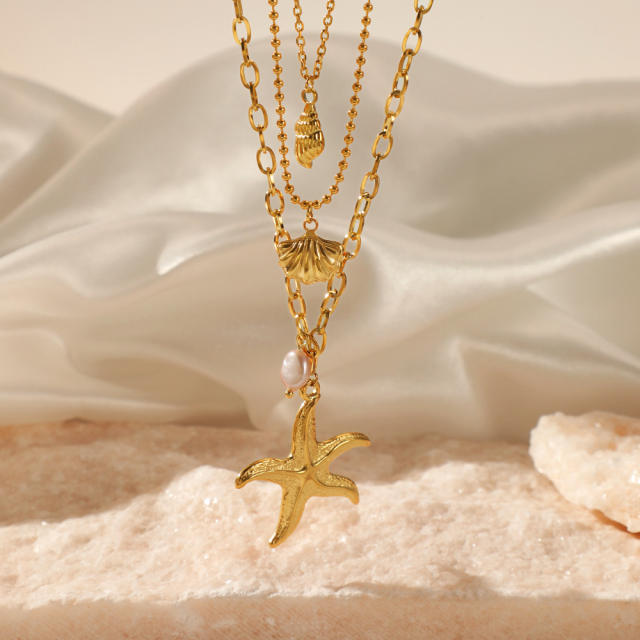 Beach trend starfish shell pendant three layer stainless steel necklace