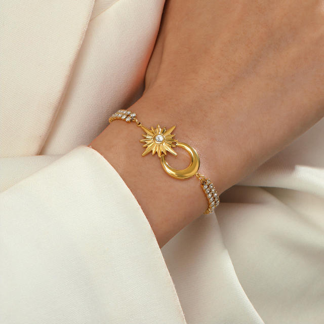 14K gold plated moon star tennis chain stainless steel bracelet