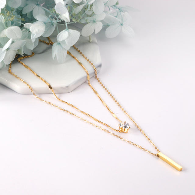 Dainty diamond heart bar pendant two layer stainless steel necklace