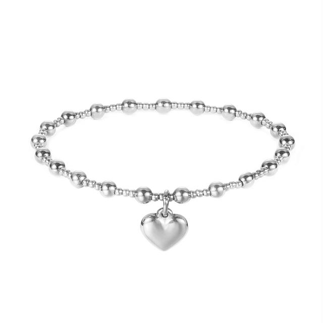 18K gold plated heart charm stainless steel bead bracelet elastic bracelet