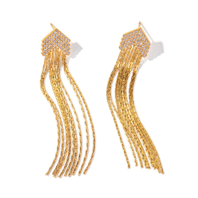 16K diamond chain tassel stainless steel earrings