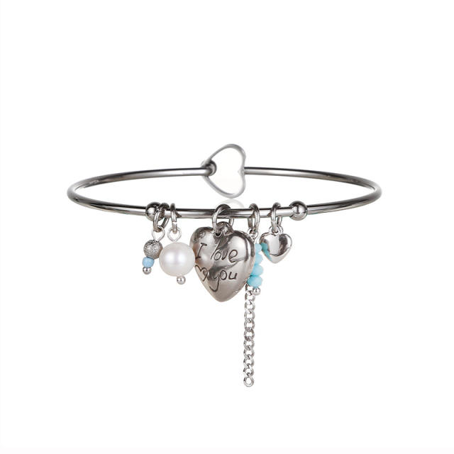 Classic heart charm letter stainless steel bangle