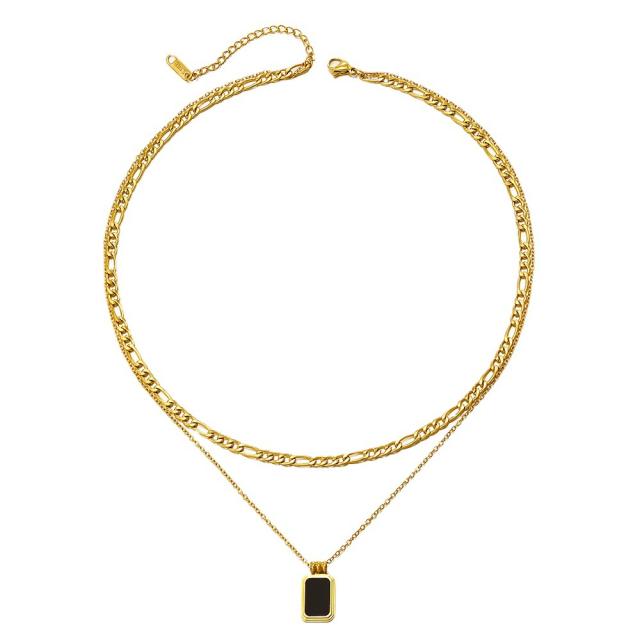 Concise black block pendant two layer stainless steel necklace