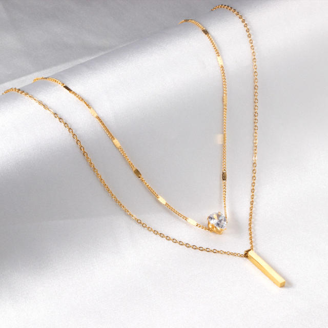 Dainty diamond heart bar pendant two layer stainless steel necklace