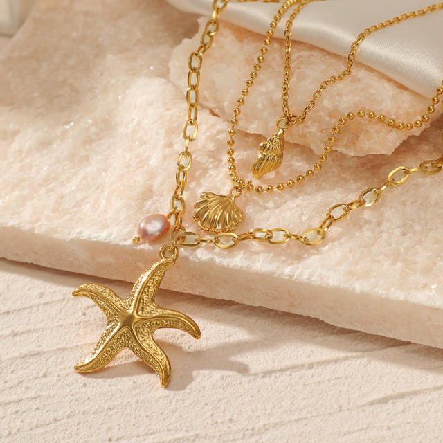 Beach trend starfish shell pendant three layer stainless steel necklace