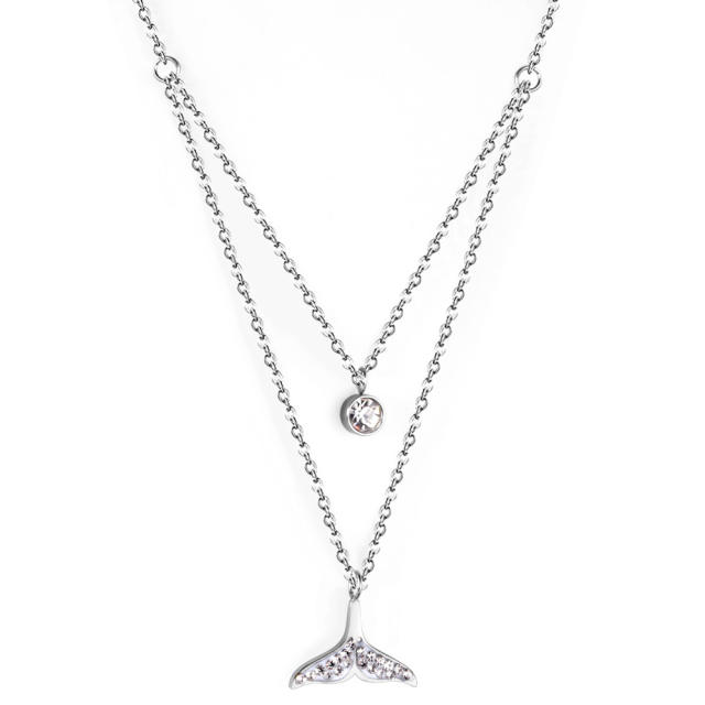Dainty diamond fish tail stainless steel two layer necklace