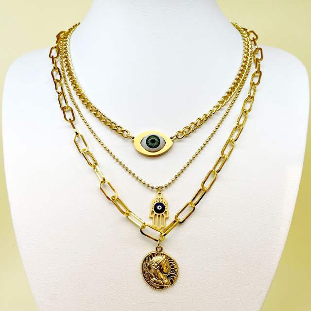 Vintage hasma hand evil eye stainless steel chain necklace layer necklace