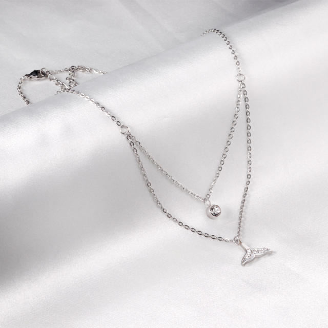Dainty diamond fish tail stainless steel two layer necklace