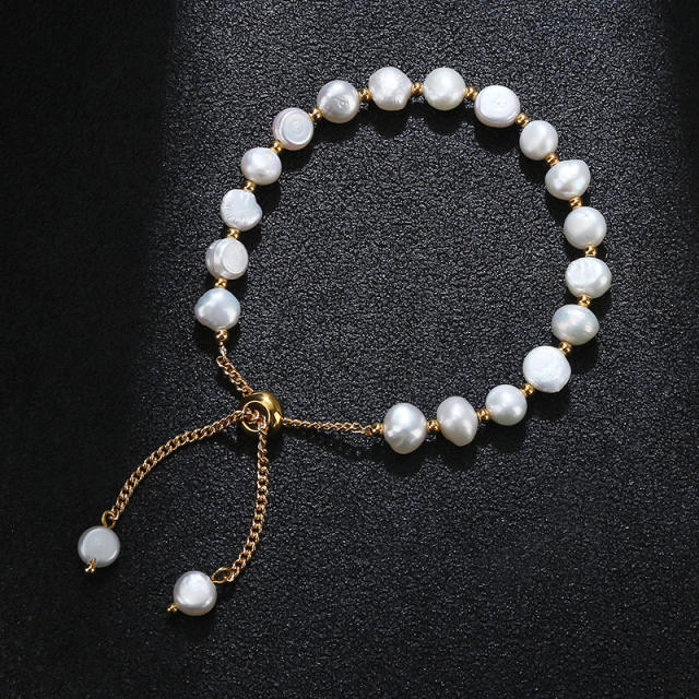 18K classic baroque pearl bead slide stainless steel chain bracelet