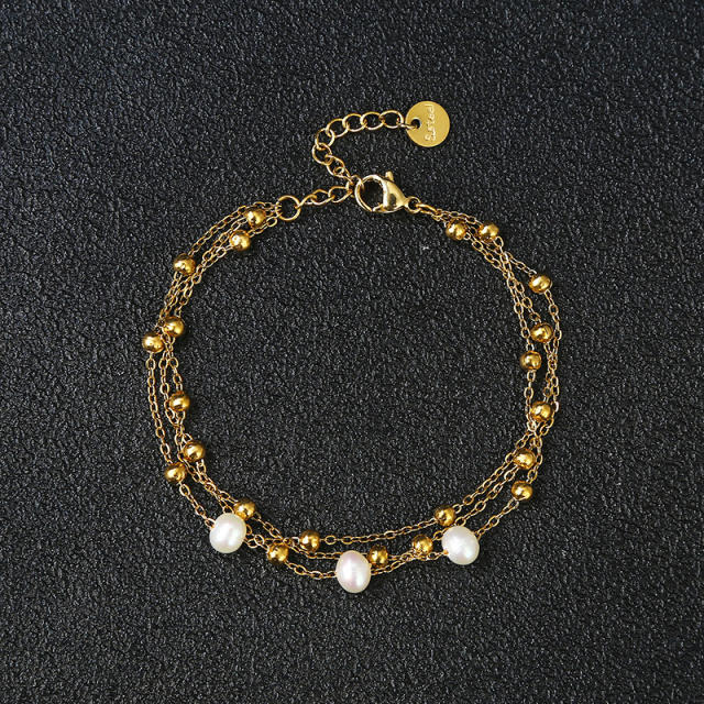 18K delicate water pearl black agate bead stainless steel bracelet