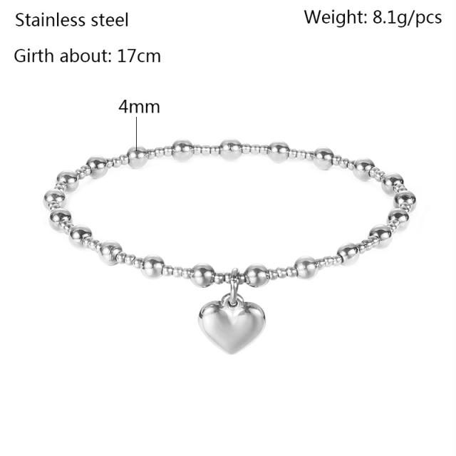 18K gold plated heart charm stainless steel bead bracelet elastic bracelet