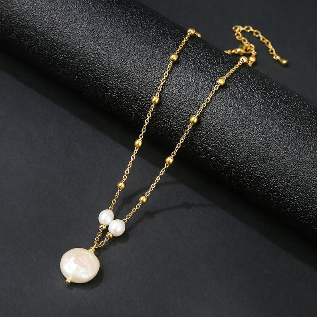 18K chic baroque pearl pendant stainless steel necklace