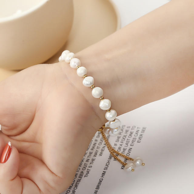 18K classic baroque pearl bead slide stainless steel chain bracelet