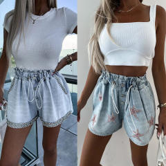 Casual handmade rhinestone star summer denim shorts