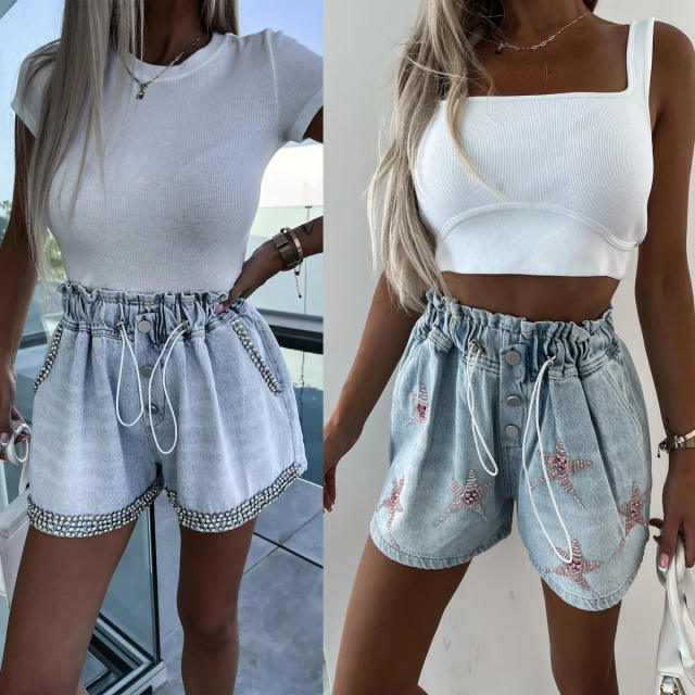 Casual handmade rhinestone star summer denim shorts
