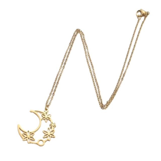 Dainty flower moon pendant stainless steel necklace